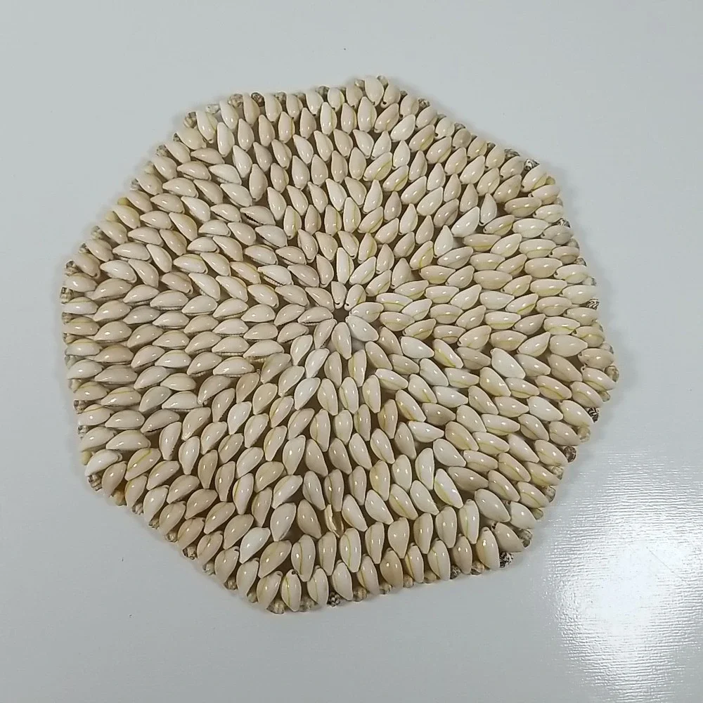 Vintage Cowrie Seashell Shell Trivet Coaster Hot Pad Boho Wall Decor, Size 9